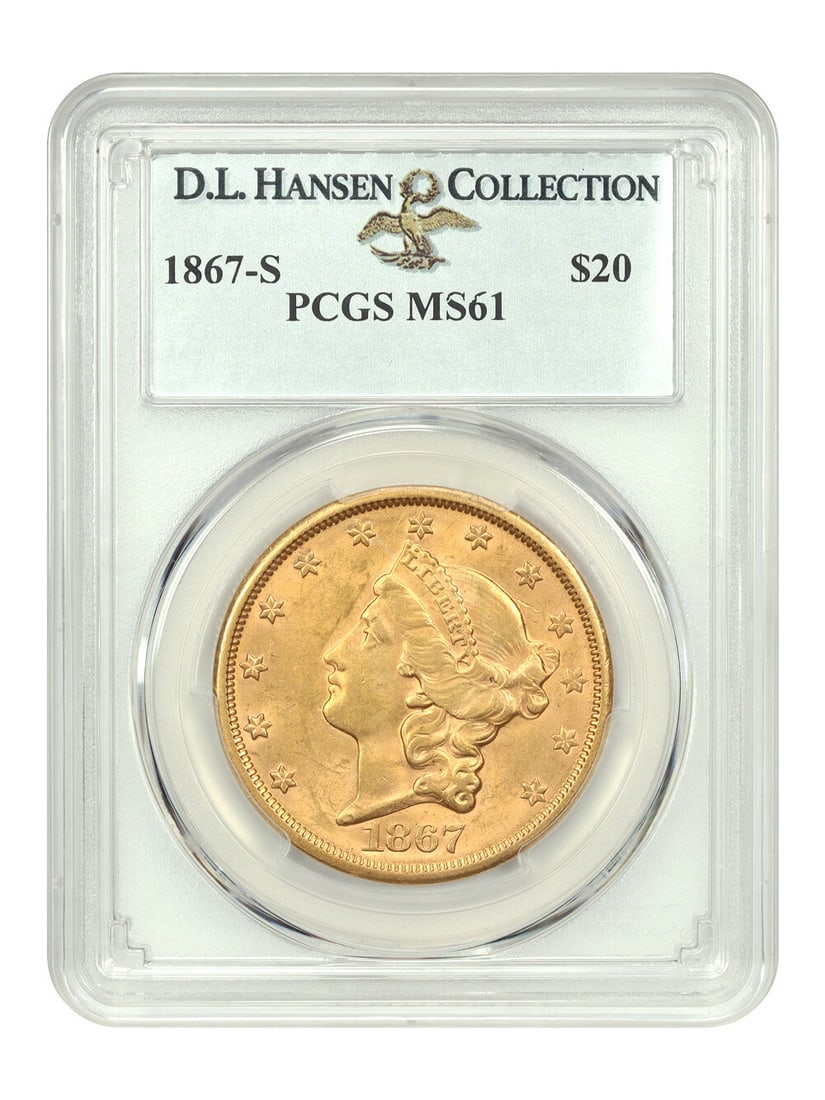 Hansen 1867-S $20 PCGS MS61 ex: D.L.: Hansen 1867-S $20 PCGS MS61 ex: D.L. A rare and highly sought-after $20 gold coin from 1867, graded MS61 by PCGS, this Liberty Head $20 is a true treasure for collectors. Certified by the prestigious