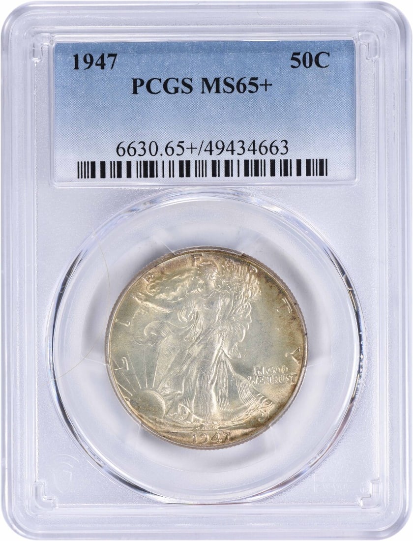 PCGS 1947 Walking Liberty Silver Half Dollar MS65+: PCGS 1947 Walking Liberty Silver Half Dollar MS65+ A rare and highly sought-after 1947 Walking Liberty Silver Half Dollar, graded MS65+ by PCGS, boasts stunning condition with minimal wear, showcasing
