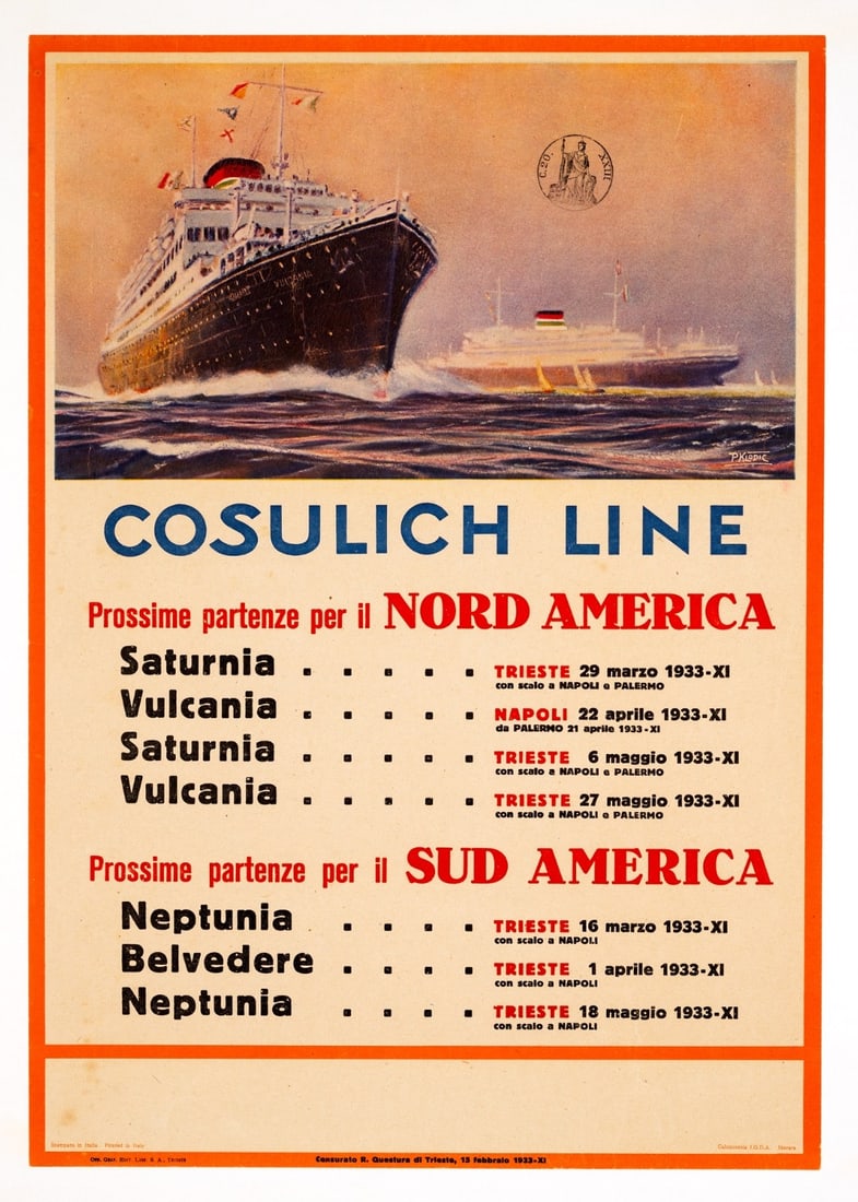 Cosulich Line by Klodic, 1933 Italian Poster on Linen (Saturnia & Vulca): Cosulich Line by Klodic, 1933 Italian Poster on Linen (Saturnia & Vulca) Experience the iconic style of 1930s Italy with this rare Cosulich Line poster by Klodic, created in 1933. Printed on high-qual