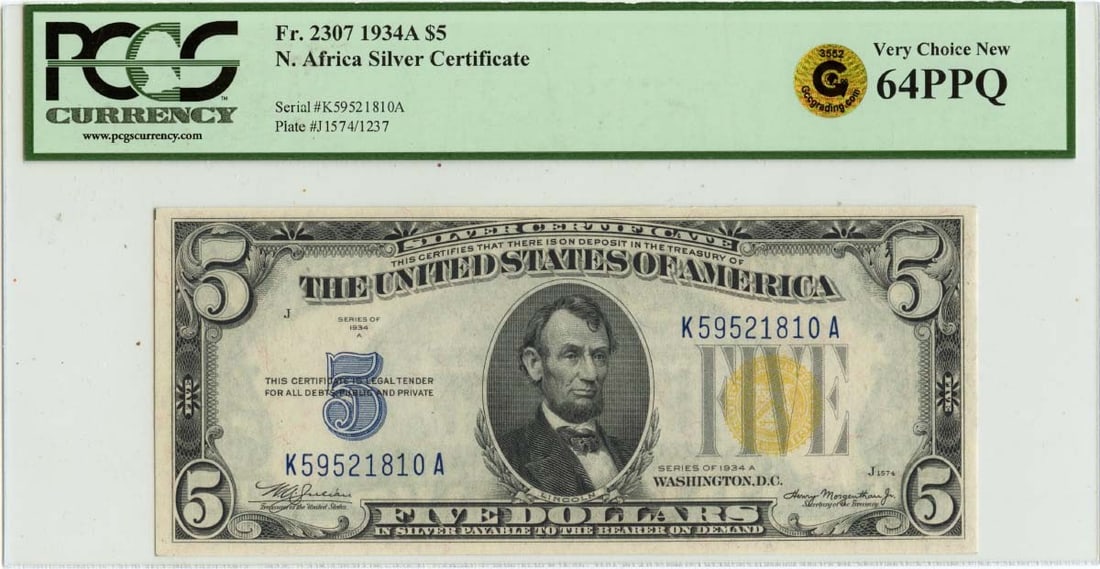 Green 1934A $10 N. Africa PCGS 67 SUPERB GEM PPQ FR# 2309 GCC: Green 1934A $10 N. Africa PCGS 67 SUPERB GEM PPQ FR# 2309 GCC Experience the exceptional beauty of this 1934 $10 bill, certified by PCGS as MS67, one of the highest grades awarded to circulated coins.