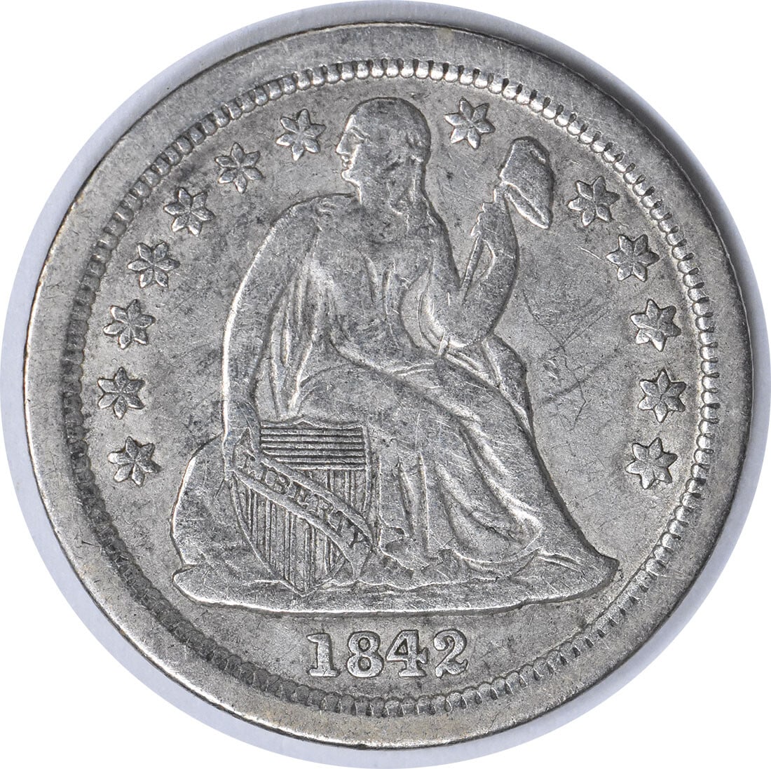 Uncertified 1842-O Liberty Seated Silver Dime VF: Uncertified 1842-O Liberty Seated Silver Dime VF Experience the charm of the 1842-O Liberty Seated Silver Dime, one of the earliest circulating silver coins in the United States. With its stunning des