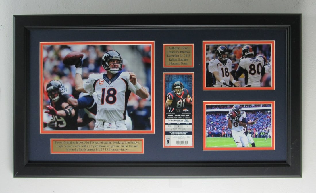 Peyton Manning Broncos 8x10 Photo, Game Ticket, and Framed Collage: Peyton Manning Broncos 8x10 Photo, Game Ticket, and Framed Collage Get ready to relive the glory days of Peyton Manning with this unique collectible, featuring an 8x10 photo of the legendary quarterba
