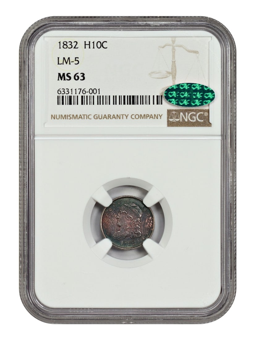 Capped Bust Half Dime - 1832 H10C NGC/ CAC MS63 (LM-5): Capped Bust Half Dime - 1832 H10C NGC/ CAC MS63 (LM-5) Experience the charm of the Capped Bust Half Dime, minted in 1832 and graded MS63 by the NGC/ CAC. This uncirculated coin boasts striking details