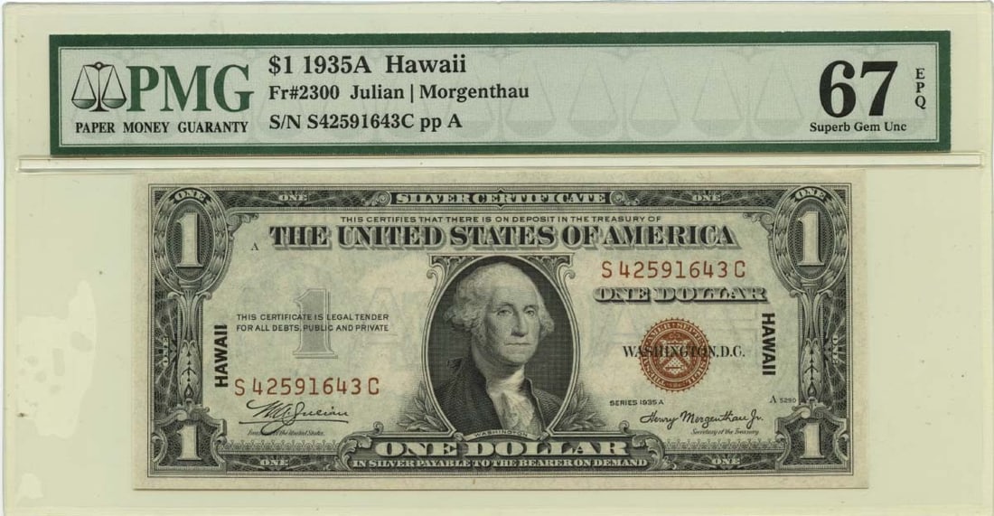 EPQ 1935A $1 Hawaii WWII Emergency Issue Fr# 2300 PMG Superb Gem67: EPQ 1935A $1 Hawaii WWII Emergency Issue Fr# 2300 PMG Superb Gem67 Experience the rarest of American currency with this stunning 1935A $1 Hawaii WWII Emergency Issue, graded MS67 by PMG and certified