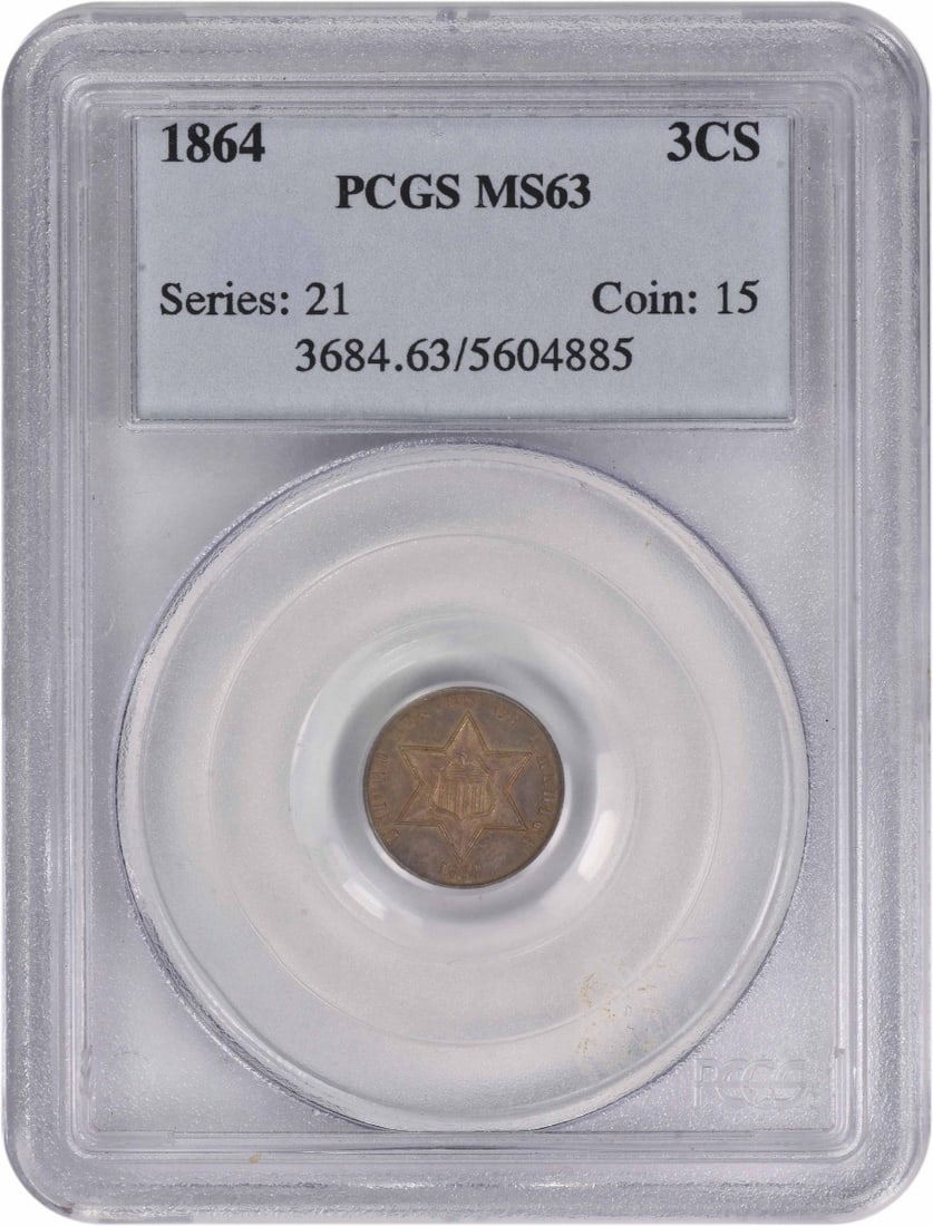 PCGS 1864 Three Cent Silver MS63: PCGS 1864 Three Cent Silver MS63 A rare and historic Three Cent Silver coin from 1861, graded MS63 by PCGS, with its crisp details and rich silver tone making it a standout addition to any collection.