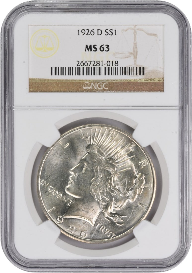 NGC 1926-D Peace Silver Dollar MS63: NGC 1926-D Peace Silver Dollar MS63 A rare and highly collectible 1926 Peace Silver Dollar, graded MS63 by the Numismatic Guaranty Corporation (NGC), boasts stunning condition and a rich history. With