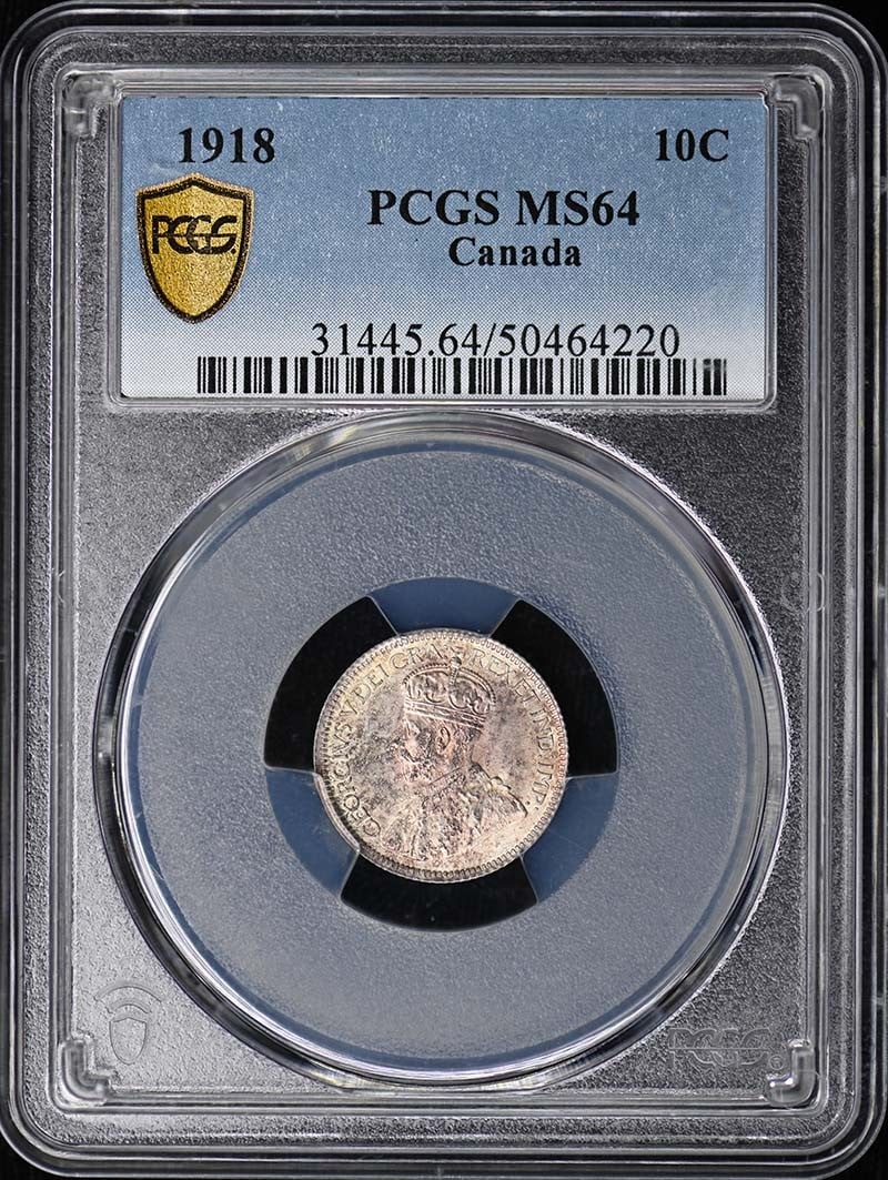 MS64 1918 10C Canada George V PCGS: MS64 1918 10C Canada George V PCGS A rare and highly sought-after Canadian coin, the 1918 10C George V is a stunning example of circulated currency with a PCGS MS64 grade. Certified by the prestigious