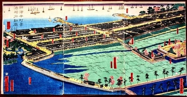 triptych Sadahide Japan Antique Woodblock Prints Yokohama port landscape Ocean: triptych Sadahide Japan Antique Woodblock Prints Yokohama port landscape Ocean Experience the serene beauty of a 19th-century Japanese port landscape, as captured in a stunning triptych woodblock prin