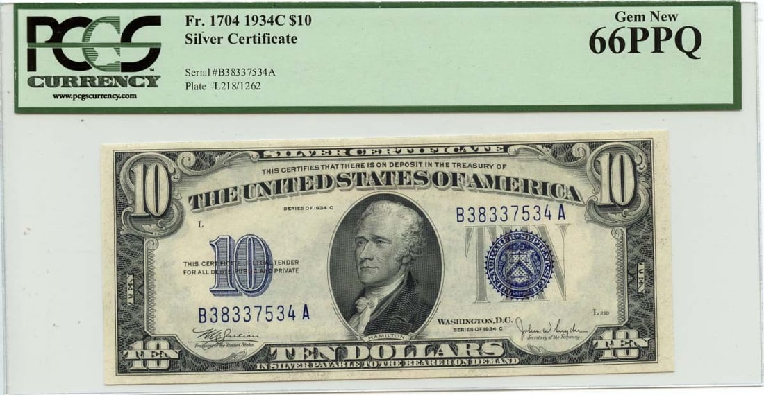 PPQ 1934C $10 Silver Certificate Blue Julian Snyder Fr# 1704 PCGS GEM 66: PPQ 1934C $10 Silver Certificate Blue Julian Snyder Fr# 1704 PCGS GEM 66 A rare and highly sought-after 1934C $10 Silver Certificate, graded MS66 by PCGS, boasts stunning blue ink and is certified as