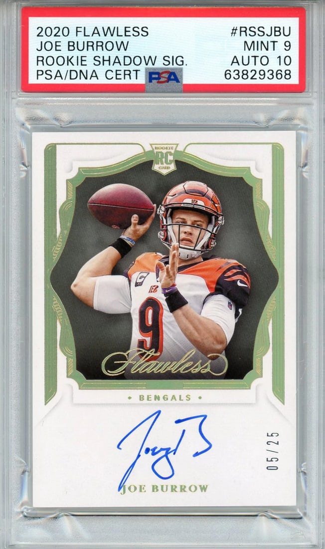 (PSA) Joe Burrow Autographed 2020 Flawless Rookie Shadow Sig Card: (PSA) Joe Burrow Autographed 2020 Flawless Rookie Shadow Sig Card Get ready to own a piece of NFL history with this exceptional Joe Burrow autographed rookie card, authenticated by the leading experts