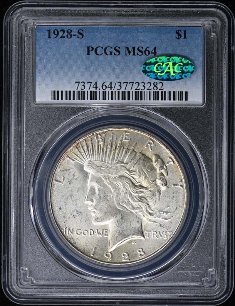 1928-S $1 Peace Dollar PCGS MS64 CAC: 1928-S $1 Peace Dollar PCGS MS64 CAC Experience the beauty of American history with this stunning 1928-S $1 Peace Dollar, certified MS64 by PCGS and slabbed by CAC. This uncirculated coin is a rare ge