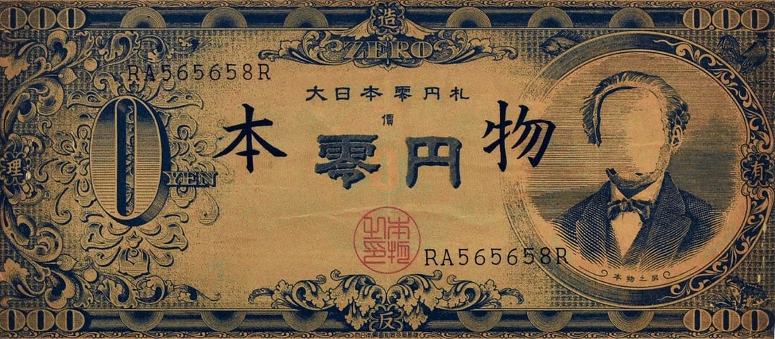 Genpei Akasegawa Offset Printing 1969 Great Japan Zero Yen Note on Japanese Paper: Genpei Akasegawa Offset Printing 1969 Great Japan Zero Yen Note on Japanese Paper A rare and striking example of Japanese paper art, this 1969 Genpei Akasegawa offset print showcases the iconic Great