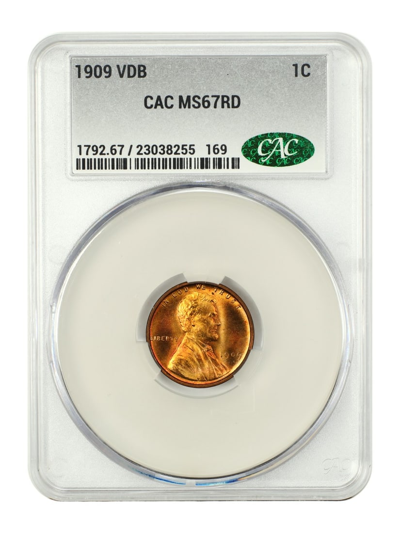 1909 VDB 1C CACG MS67RD - Lincoln Cent (Wheat Reverse) Popular Issue: 1909 VDB 1C CACG MS67RD - Lincoln Cent (Wheat Reverse) Popular Issue Experience the iconic Lincoln Cent from 1909, one of the most popular and enduring designs in American numismatics. This stunning M