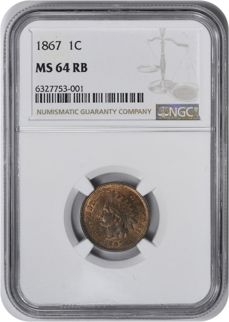 NGC 1867 Indian Cent MS64RB: NGC 1867 Indian Cent MS64RB A rare and highly sought-after 1867 Indian Head cent, graded MS64RB by the NGC, boasts exceptional condition and historical significance. This uncirculated coin is one of t