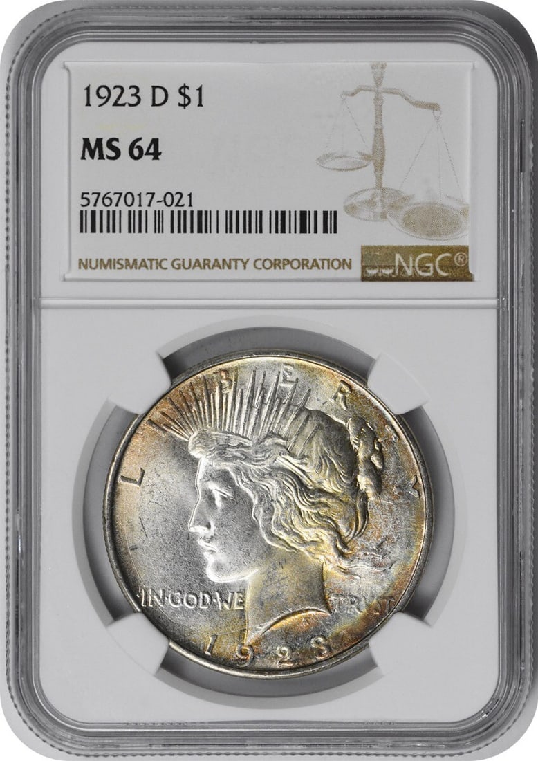 NGC 1923-D Peace Silver Dollar MS64: NGC 1923-D Peace Silver Dollar MS64 Experience the beauty of American numismatics with this stunning 1923 Peace Silver Dollar, certified MS64 by NGC. With its striking design and high-grade condition,