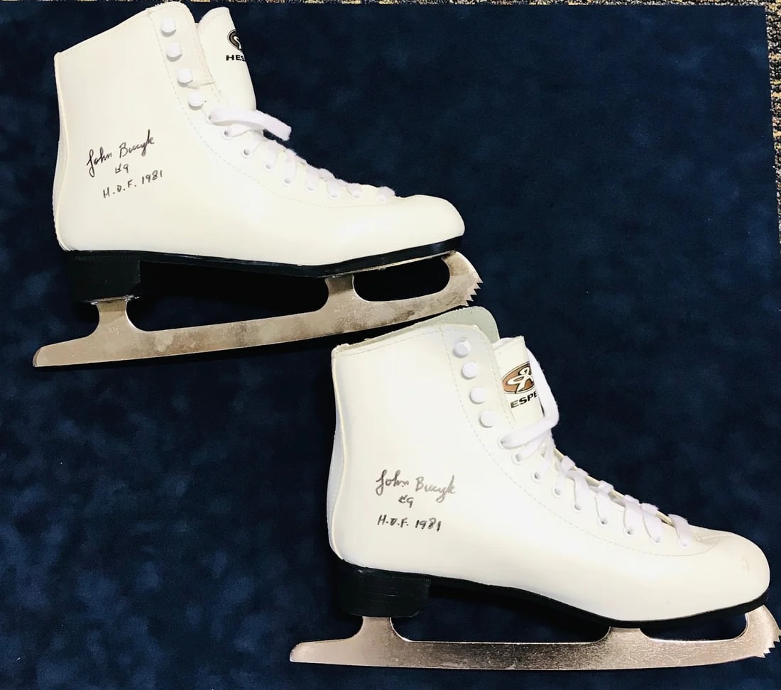 Skates John Bucyk Signed Hespeler Ice: Skates John Bucyk Signed Hespeler Ice Get ready to lace up the legendary skates of NHL Hall of Famer John Bucyk, signed in black sharpie with a nod to his 1981 induction into the Hockey Hall of Fame.