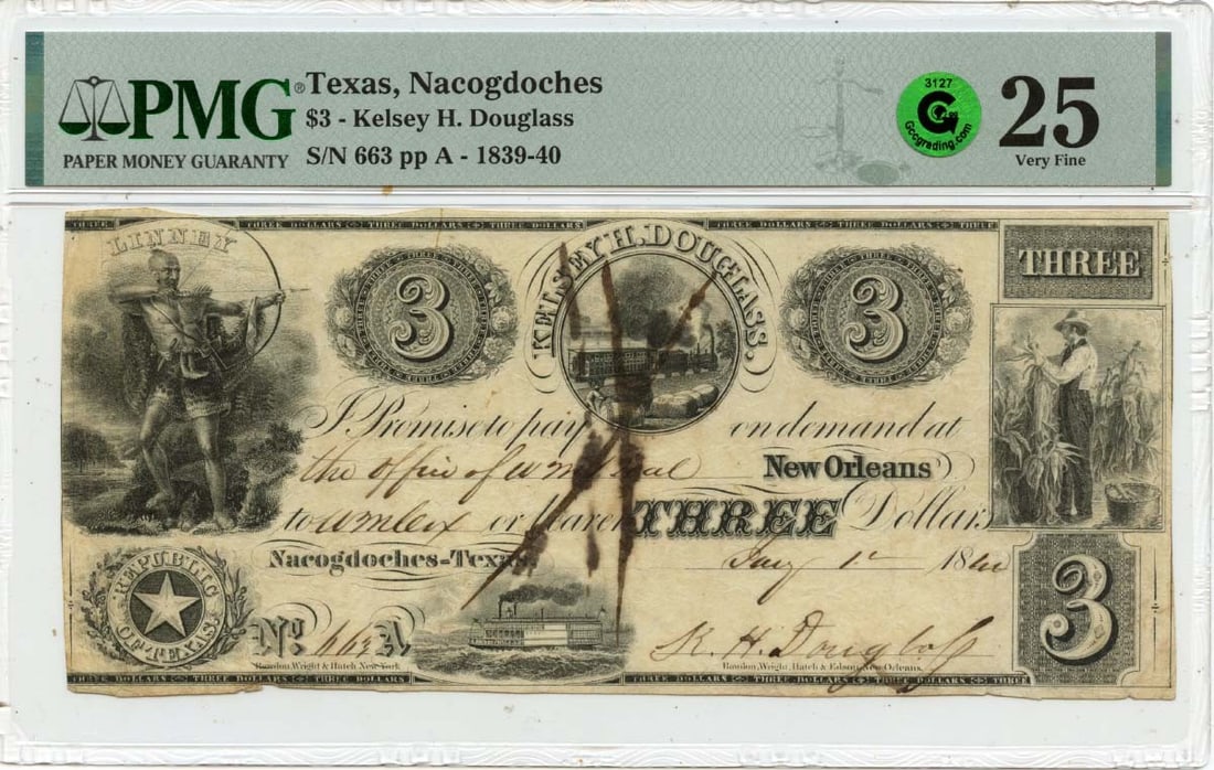 1840 $3 Nacogdoches Texas Obsolete Note Kelsey H. Douglass PMG VF25 Green: 1840 $3 Nacogdoches Texas Obsolete Note Kelsey H. Douglass PMG VF25 Green Rarity seekers, take note! This 1840 $3 Nacogdoches Texas Obsolete Note is a highly sought-after gem for any collection, boast