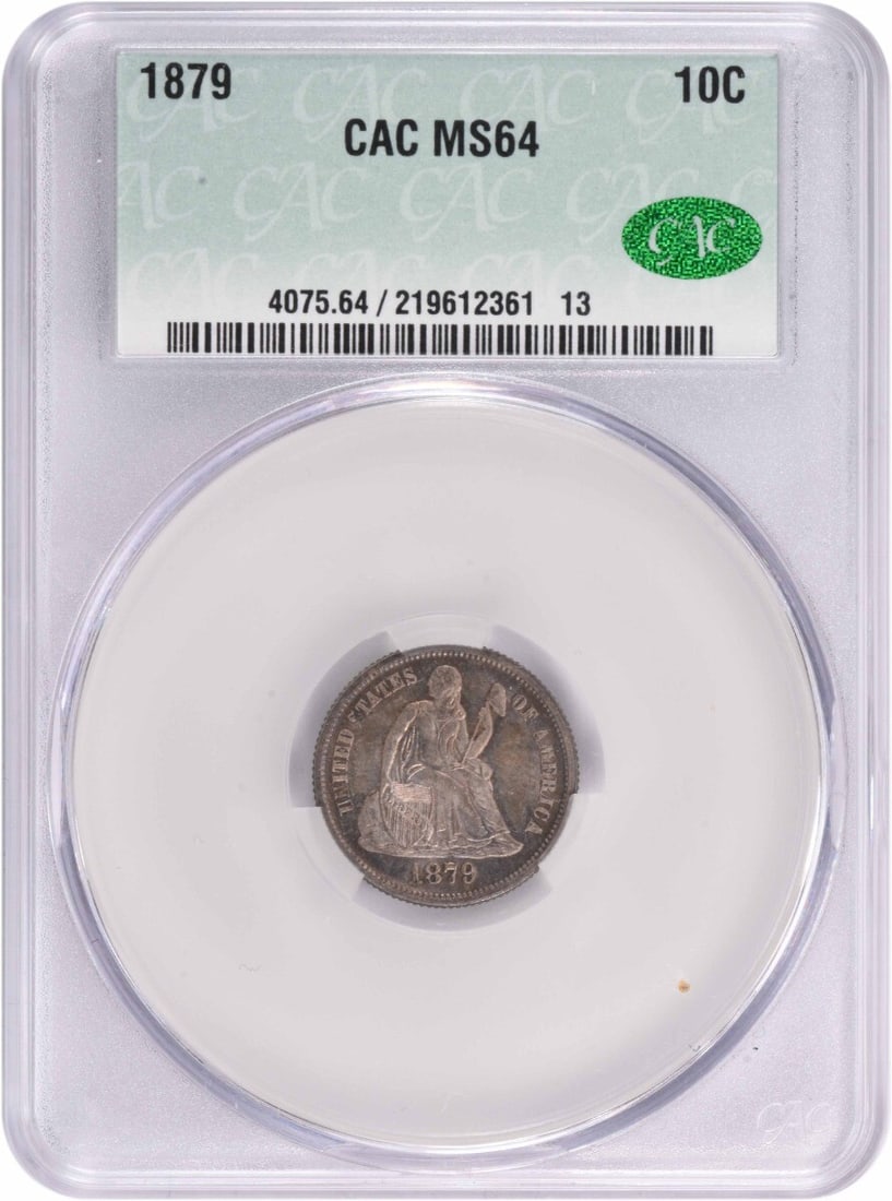 CACG 1879 Liberty Seated Silver Dime MS64: CACG 1879 Liberty Seated Silver Dime MS64 This stunning 1879 Liberty Seated Silver Dime, graded MS64 by the CACG, is a rare and highly sought-after addition to any coin collection. With its crisp deta