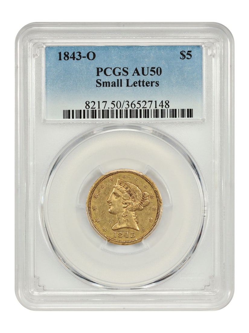 Liberty Head $5 (1843-O), PCGS AU50: Liberty Head $5 (1843-O), PCGS AU50 A rare and highly sought-after $5 gold coin from the 1843-O New Orleans mint, graded PCGS AU50 by one of the most respected third-party grading services in the indu