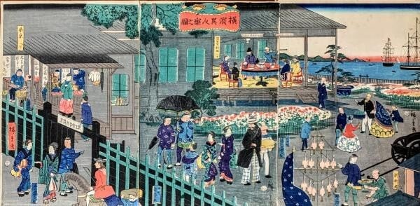 japanese Hiroshige II woodblock triptych people kimonos village ocean ships: japanese Hiroshige II woodblock triptych people kimonos village ocean ships Experience the serene beauty of Hiroshige II's woodblock triptych, showcasing vibrant scenes of traditional Japanese village
