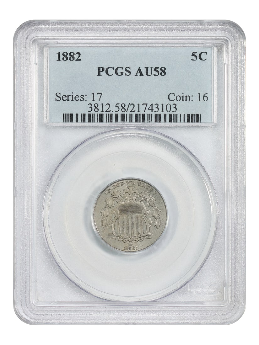 Shield Nickel 1882 5C PCGS AU58: Shield Nickel 1882 5C PCGS AU58 A stunning Shield Nickel from 1882, graded AU58 by PCGS, boasts the iconic Philadelphia Mint mark and is a rare find in circulated condition. This highly sought-after c