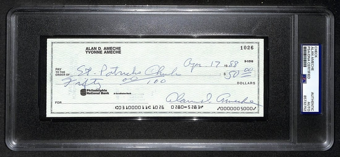 205387 Alan Ameche Signed/ Auto 1988 Bank Check 1954 Heisman Wisconsin PSA/ DNA: 205387 Alan Ameche Signed/ Auto 1988 Bank Check 1954 Heisman Wisconsin PSA/ DNA Get ready to own a piece of football history with this autographed 1988 bank check signed by legendary running back Alan
