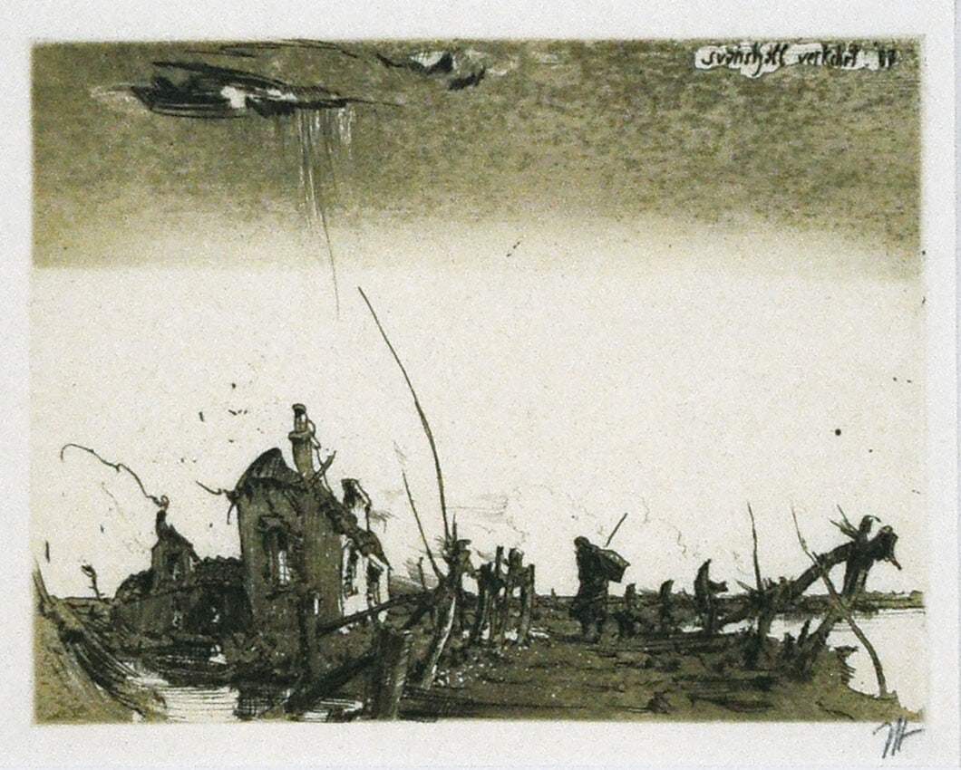 Town Horst Janssen "Svanshall verkehrt" Copperplate print 14.719.3cm Frame: Town Horst Janssen "Svanshall verkehrt" Copperplate print 14.719.3cm Frame Experience the unique blend of Japanese and European artistry in this stunning copperplate print by renowned artist Horst Jan