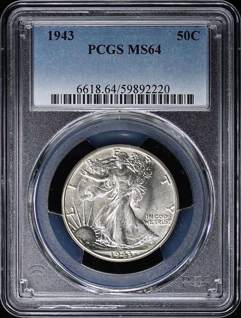 1943 Walking Liberty Half Dollar (PCGS MS64): 1943 Walking Liberty Half Dollar (PCGS MS64) Own a piece of American history with this stunning 1943 Walking Liberty Half Dollar, certified by PCGS as MS64 and graded uncirculated. Minted in Philadelp