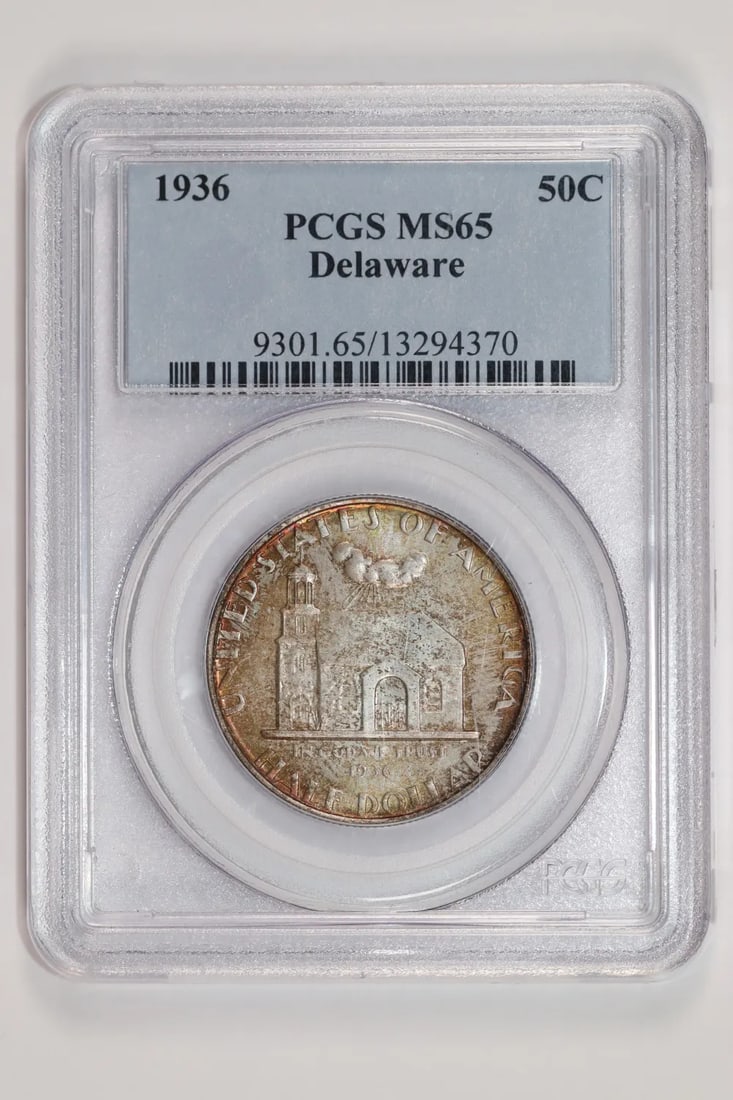 1936 Delaware Commemorative Half Dollar PCGS MS65 in Original Color: 1936 Delaware Commemorative Half Dollar PCGS MS65 in Original Color Experience the rich history of America's currency with this stunning 1936 Delaware Commemorative Half Dollar, graded MS65 by PCGS an