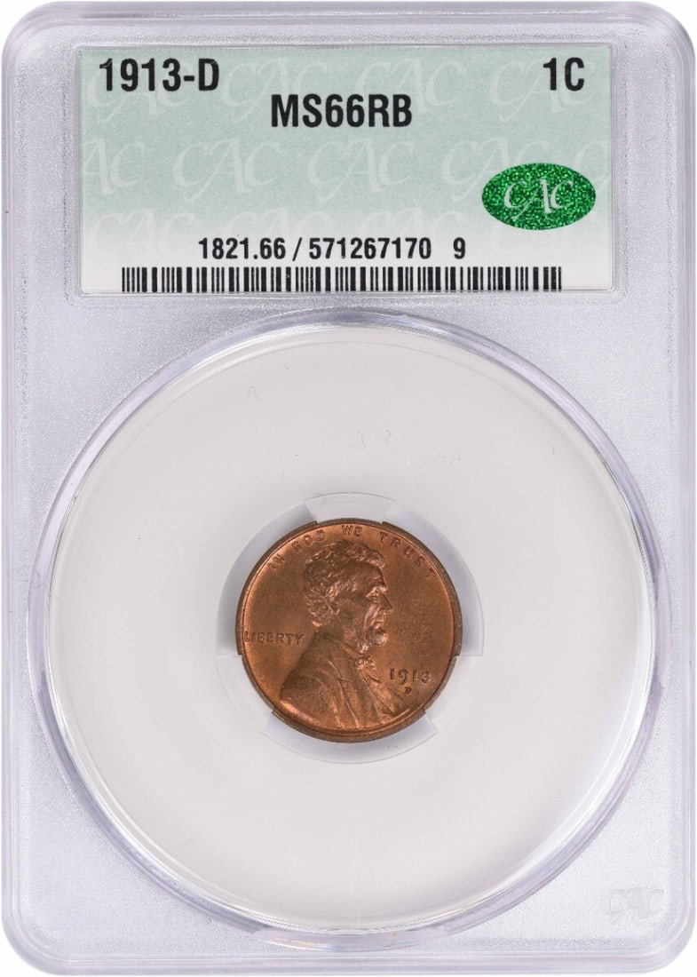 CACG 1913-D Lincoln Cent MS66RB: CACG 1913-D Lincoln Cent MS66RB A highly sought-after 1913-D Lincoln Cent, graded MS66RB by the CACG, boasts exceptional condition and rarity, making it a prized addition to any serious coin collectio