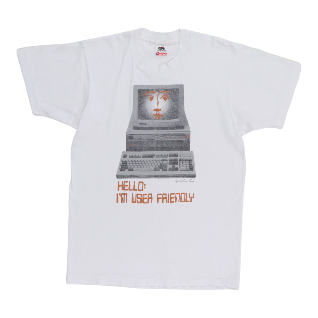 Shirt 1980s Hello I'm User Friendly Computer: Shirt 1980s Hello I'm User Friendly Computer Get ready to level up your retro wardrobe with this vintage 1980s Hello I'm User Friendly Computer shirt! Made from 100% cotton, this large-fit tee boasts