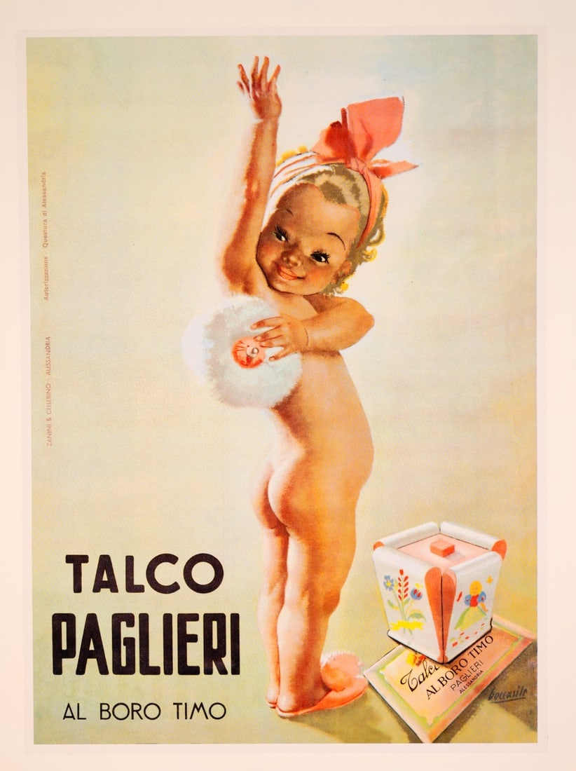 C1950 Talco Paglieri Italian Baby Powderby Gino Boccasile Vintage Poster: C1950 Talco Paglieri Italian Baby Powderby Gino Boccasile Vintage Poster A stunning vintage poster from Italian artist Gino Boccasile, created in 1950, showcases the iconic Talco Paglieri baby powder