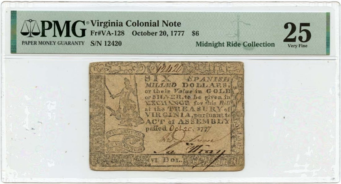 October 20, 1777 Virginia Colonial Note (FR#VA-128) PMG VF25: October 20, 1777 Virginia Colonial Note (FR#VA-128) PMG VF25 A rare and historic find, this 1777 Virginia Colonial Note is a highly sought-after addition to any collector's library. In near-mint condi