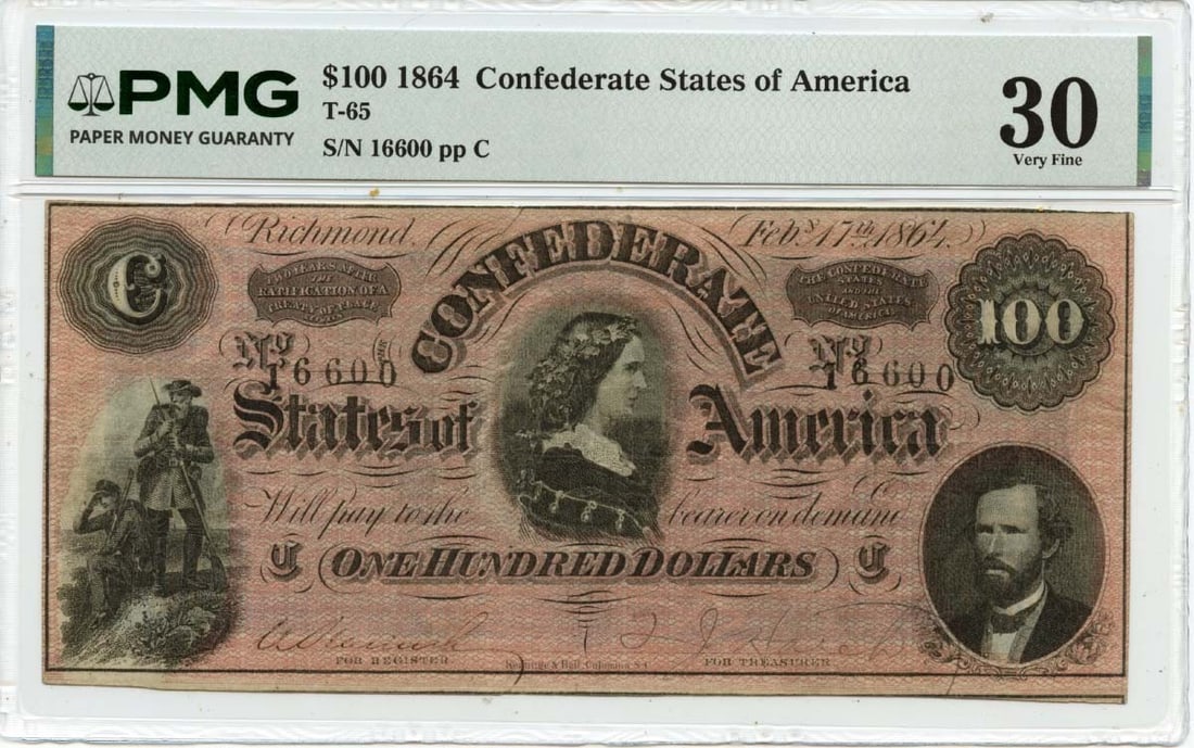 Confederate States of America 1864 T-65 PMG VF30: Confederate States of America 1864 T-65 PMG VF30 A rare gem from the American Civil War era, this 1864 Confederate States of America $10 bill is certified by PMG as VF30, indicating its exceptional co