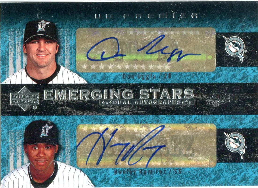 5 Dan Uggla & Hanley Ramirez 2007 Upper Deck Emerging Stars Autographed Card #49/: 5 Dan Uggla & Hanley Ramirez 2007 Upper Deck Emerging Stars Autographed Card #49/ Get ready to own a piece of baseball history with this rare 2007 Upper Deck Emerging Stars autographed card featuring