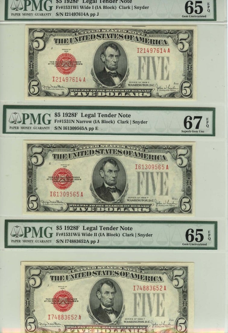 EPQ 3 1928F $5 Legal Tender Fr# 1531Wi 1531N 1531Wii PMG Gem65 67 65: EPQ 3 1928F $5 Legal Tender Fr# 1531Wi 1531N 1531Wii PMG Gem65 67 65 A stunning example of the 1928 $5 Legal Tender note, graded MS65 by PMG and certified as Uncirculated, boasts the coveted Wi serial