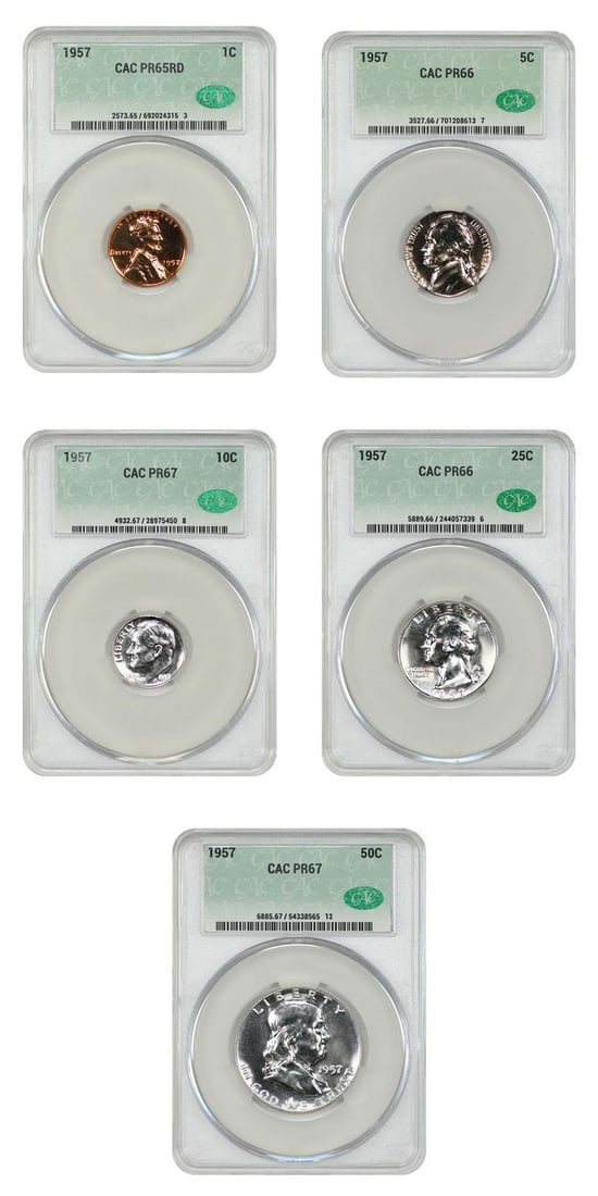 1957 Proof Set 1C-50C CACG PR65-67 - Sets: 1957 Proof Set 1C-50C CACG PR65-67 - Sets Experience the beauty of American numismatics with this 1957 Proof Set, graded PR65-67 by CACG and certified as uncirculated. This highly sought-after set sho