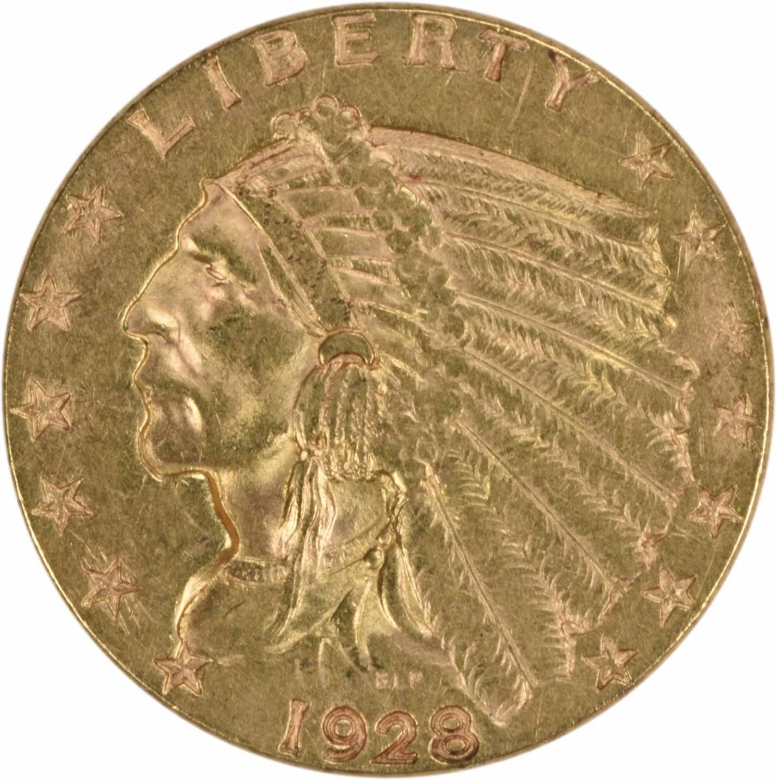 Uncertified 1928 $2.50 Gold Indian AU Slider: Uncertified 1928 $2.50 Gold Indian AU Slider A rare and beautiful example of American numismatics, this 1928 $2.50 Gold Indian AU Slider is a stunning piece of circulated gold coinage from the Philade