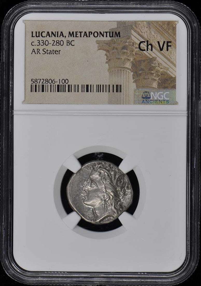 Metapontum Ar Stater (c. 330-280 BC), LUCANIA, NGC VF30: Metapontum Ar Stater (c. 330-280 BC), LUCANIA, NGC VF30 Experience the rich history of ancient Lucca with this stunning Metapontum Ar Stater, dated to around 330-280 BC. Certified by NGC as VF30, this