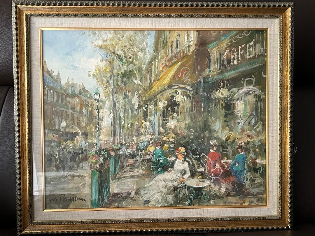 Mario Passoni (Italy) - Original Oil Painting on Canvas, "Caf de Paris", Signed COA: Mario Passoni (Italy) - Original Oil Painting on Canvas, "Caf de Paris", Signed COA Experience the elegance of Parisian caf? life through Mario Passoni's captivating oil painting, "Caf de Paris". This