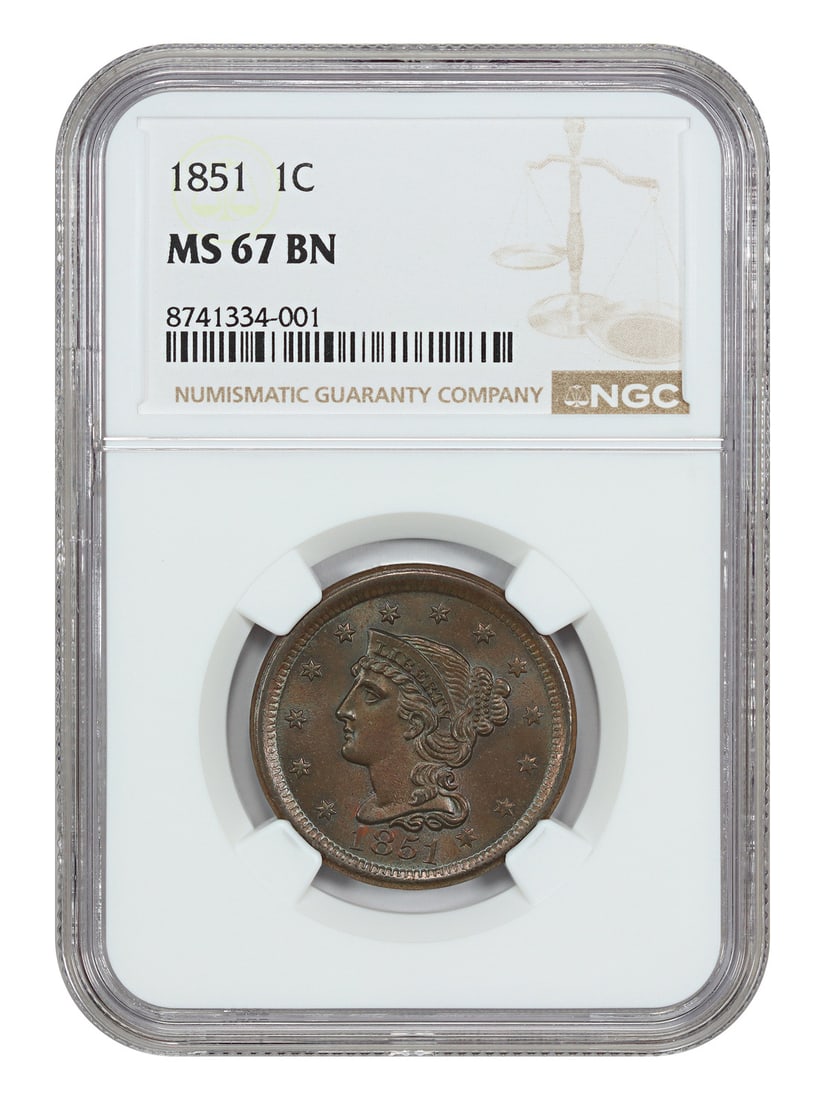 1851 Braided Hair Cent (1C) MS67BN: 1851 Braided Hair Cent (1C) MS67BN Experience the rarest of American coins with this stunning 1851 Braided Hair Cent, certified MS67BN by NGC. This highly sought-after coin is one of only a handful in