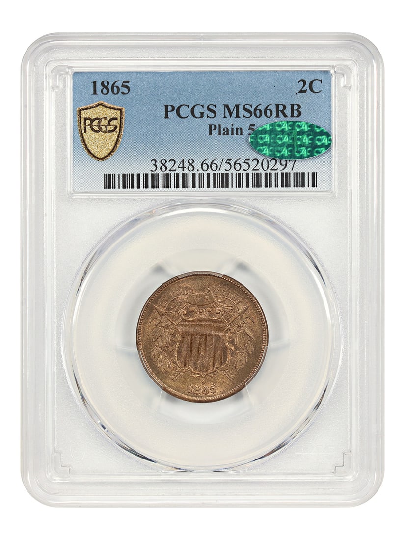 1865 2C PCGS/ CAC MS66RB Plain 5 Two Cent Great Type Coin: 1865 2C PCGS/ CAC MS66RB Plain 5 Two Cent Great Type Coin Rarity and beauty come together in this stunning 1865 Two Cent coin, graded MS66RB by PCGS/CAC. As one of the last coins minted during the Civ