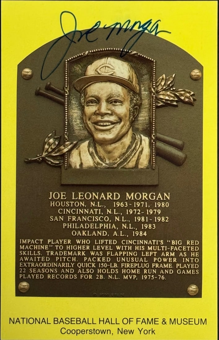 (JSA) Joe Morgan Autographed Baseball Hall of Fame Plaque Postcard: (JSA) Joe Morgan Autographed Baseball Hall of Fame Plaque Postcard Get ready to own a piece of baseball history with this incredible Joe Morgan autographed plaque postcard, authenticated by the renown