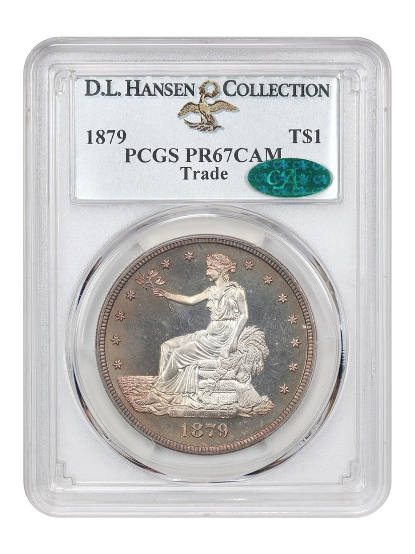 D.L. Hansen Ex: 1879 Trade $1 PCGS/ CAC PR67CAM: D.L. Hansen Ex: 1879 Trade $1 PCGS/ CAC PR67CAM A rare and highly sought-after 1879 Trade Dollar, graded PR67CAM by PCGS/CAC, boasts stunning condition with minimal signs of wear. This uncirculated co