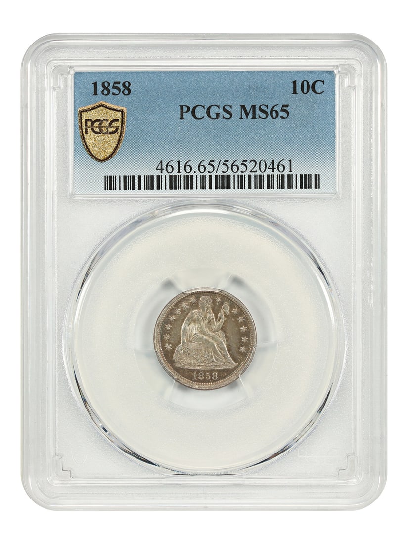 Liberty Seated Dime (1858) MS65 PCGS: Liberty Seated Dime (1858) MS65 PCGS Experience the beauty of American numismatics with this stunning 1858 Liberty Seated Dime, certified MS65 by PCGS. With its exceptional strike and pristine conditi