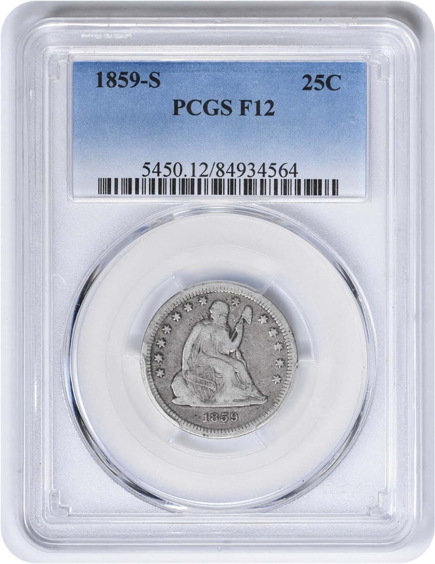 PCGS 1859-S Liberty Seated Silver Quarter F12: PCGS 1859-S Liberty Seated Silver Quarter F12 A rare and historic 1859-S Liberty Seated Silver Quarter, graded F12 by PCGS, boasts stunning patina and a rich history as one of the earliest San Francis
