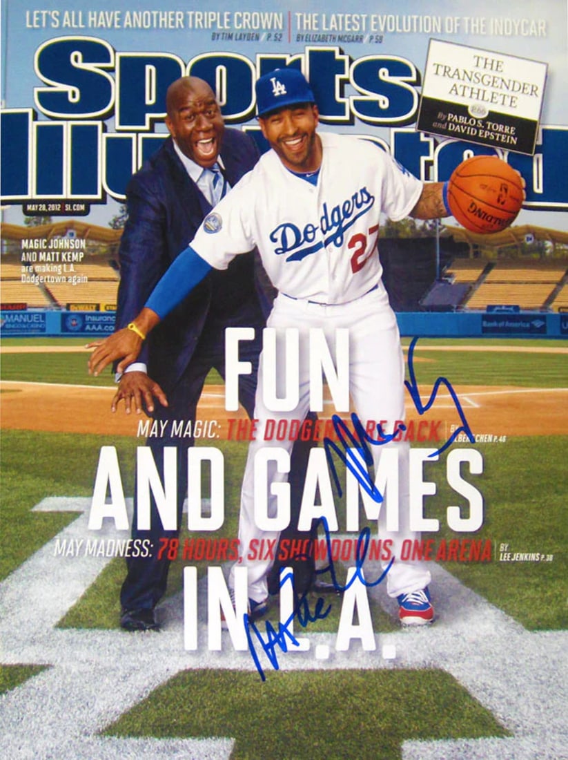 Photo Matt Kemp and Magic Johnson Autographed 11x14: Photo Matt Kemp and Magic Johnson Autographed 11x14 Get ready to own a piece of sports history with this unique autographed photo featuring Matt Kemp and Magic Johnson, both signed in blue sharpie on