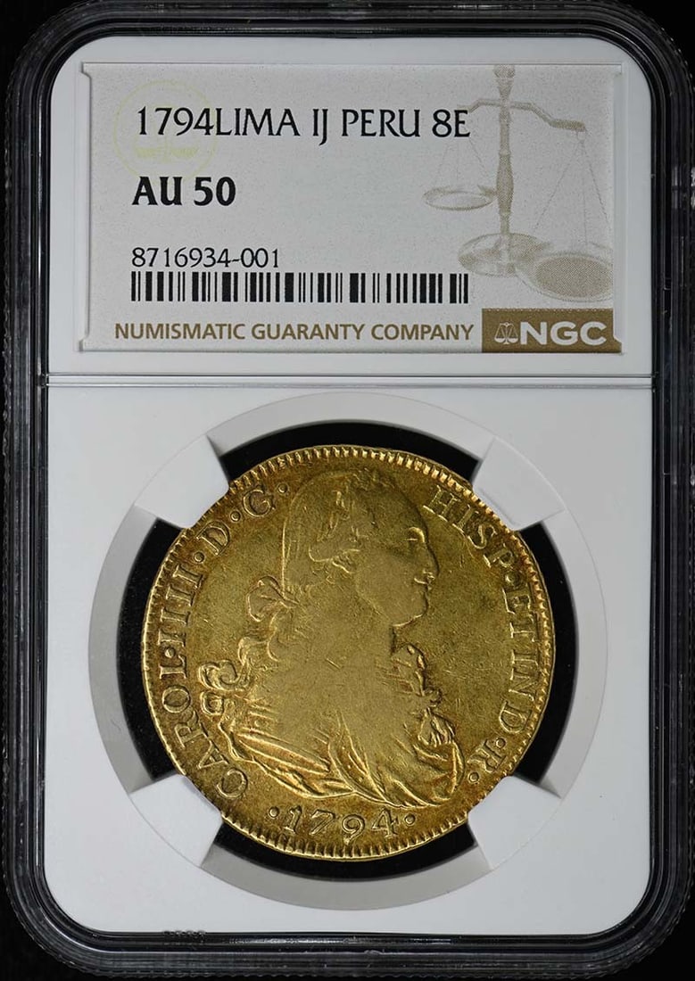 .781oz 1794LIMA IJ PERU 8E NGC AU50 Gold Escudo: .781oz 1794LIMA IJ PERU 8E NGC AU50 Gold Escudo Experience the rich history of Peru with this stunning 1794 Lima IJ Peru 8E Gold Escudo, certified by NGC and graded AU50. As one of the oldest circulat