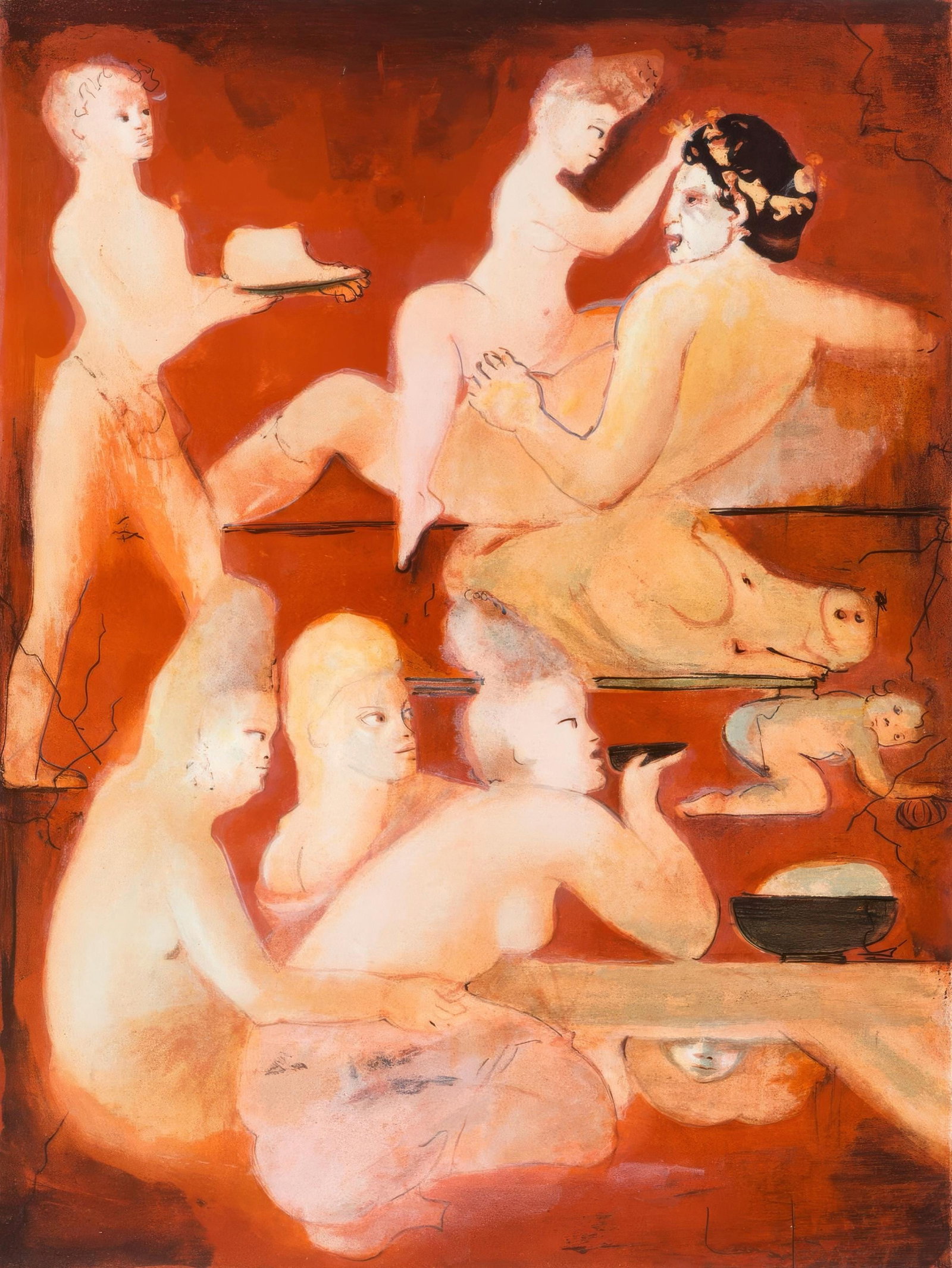 Leonor Fini Lithograph from Satiricon (1970): Leonor Fini Lithograph from Satiricon (1970) Experience the visionary art of Leonor Fini with Sans titre (Untitled), a striking lithograph from the 1970 edition of Satiricon, showcasing her unique ble