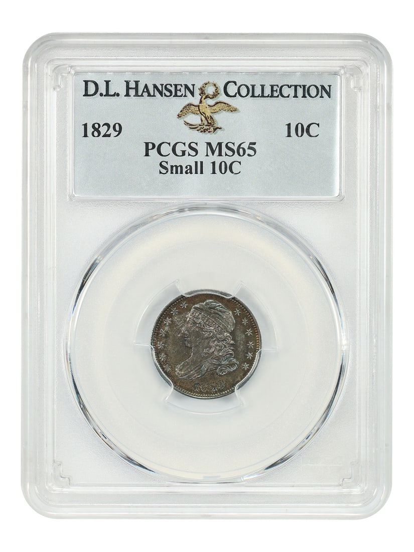 Hansen 1829 10C PCGS MS65 (Small 10C) ex: D.L.: Hansen 1829 10C PCGS MS65 (Small 10C) ex: D.L. Experience the beauty of early American coinage with this stunning 1829 10C PCGS MS65, certified by one of the most respected authorities in the industry